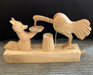 Vintage 1980's USSR Russian Folk Art Wood Carved Moving Fox w/ Bird Feeding - Picture 1 of 10