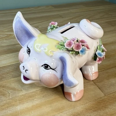 Vintage Lefton Piggy Bank Pig Hand Painted Floral Pink Ornate Japan Grandmacore - Image 1 of 4