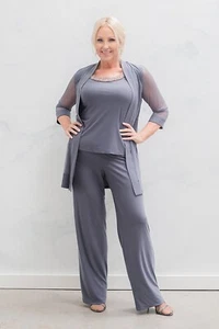 Women's Beaded Neck 2 Piece Pant Suit Mother of the Bride Pantsuit - 8, Charcoal - Picture 1 of 3