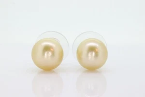 GOLDEN SOUTH SEA Pearl Stud Earrings -10mm Deep Golden South Sea Pearls - - Picture 1 of 5
