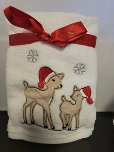 Christmas Reindeer Hand Towels  with Santa Hats set o 2 - Picture 1 of 9