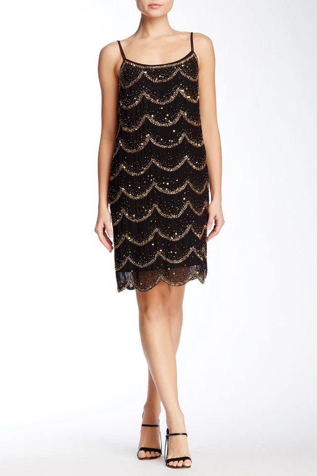 Marina Strappy Black Georgette Cocktail Dress Gold Beading NWT - multiple sizes - Image 1 of 4