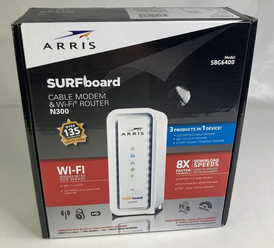 Brand New Arris SURF board SGB6400 DOCSIS 3.0 Cable Modem N300 w/Wires Included - Image 1 of 4