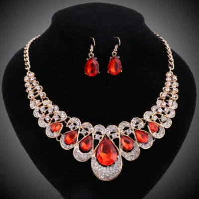 JUEGO COLLAR GP AMARILLO 18K CRISTAL CIRCONITA ROJA RUBÍ REGALO FIESTA DÍA DE LA MADRE - ¡NUEVO+CAJA! Foto 1 de 4