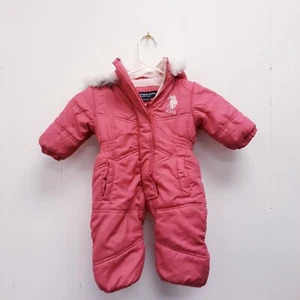 US Polo Assn pink puffer coat/pants Combo kids sz 12 m w/hood Overall Full Body - Picture 1 of 10