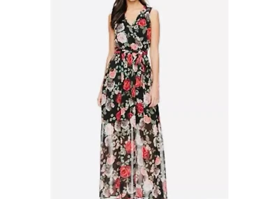 Disney Beauty and the Beast Black Red Rose Floral Sleeveless Maxi Dress Womens S - Image 1 of 4