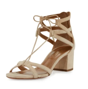 AQUAZZURA Beverly Hills 50mm Nude Suede Open Toe Lace Up Ankle Sandals Sz 38 - Picture 1 of 10