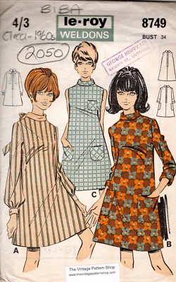 1960s Vintage Sewing Pattern B34in DRESS (2050)  Le Roy Weldons 8749 BIBA - Image 1 of 4