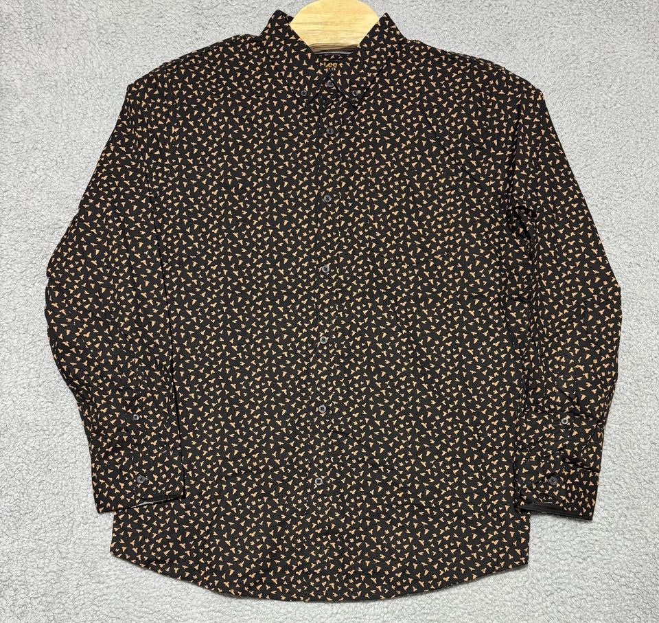 LEE Birds All Over Print Button Up Long Sleeve Black/Orange Shirt SZ XL -