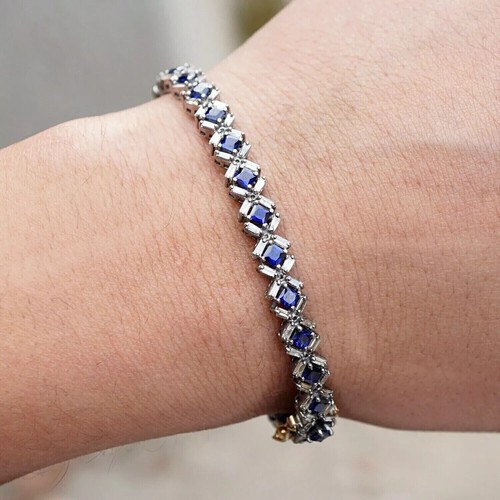 VALENTINO Bracciale Tennis Donna 7 40Ct Principessa Creato Zaffiro Blu Argento Sterling 925