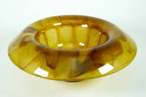 Vintage Slag ? Art Glass Bowl Folded Rim Brown Amber Centerpiece Fruit Marbled & - Picture 1 of 7