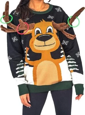 Adult Unisex Reindeer Ring Toss 3D Ugly Christmas Sweater Novelty Xmas Pullovers - Image 1 of 4