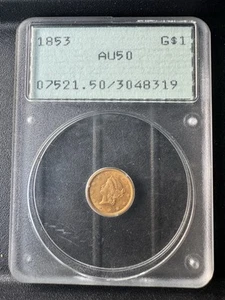 PCGS AU50 1853 GOLD LIBERTY HEAD DOLLAR TYPE 1 Rattler Rare Holder Under Grade - Picture 1 of 2