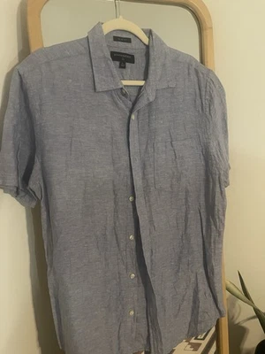 Camisa BANANA REPUBLIC Para Hombres Botón Calce Ajustado Talla Grande Lino Algodón Azul Cambray Foto 1 de 3