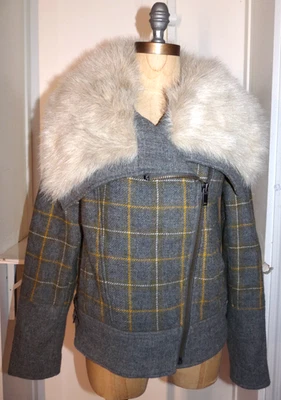Banana Republic Faux Fur Plaid Wool Moto Jacket Coat Gray Size SP  MSRP $298 - Image 1 of 4