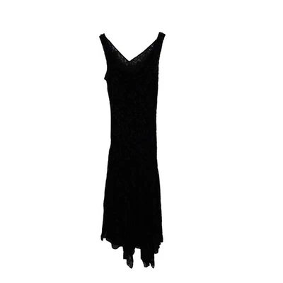 Vestido midi ECI New York negro seda terciopelo cuello drapeado talla 10 dobladillo asimétrico Foto 1 de 4