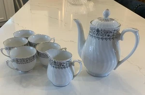 Set da tè/caffè cinese vintage bianco vortice platino rotolo osso (8) pezzi - Foto 1 di 14