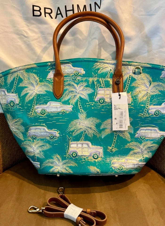 Brahmin Mira Dream Copa Cabana Market Leather Tote Bag Teal Cars Palm Trees NEW - Image 1 of 4