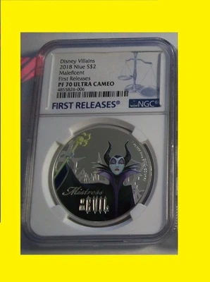 2018 1 Oz Colorized Silver $2 Disney MALEFICENT NGC PF 70 UC RARE First Releases - Image 1 of 3