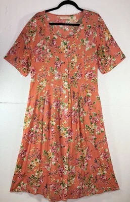 NWOT La Cera A-line Midi Dress XL Coral Floral Pleated S/S Back Tie Pockets - Image 1 of 4