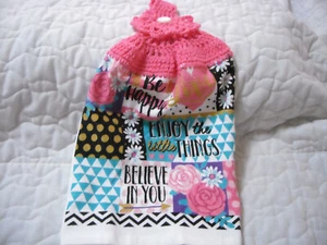*CROCHETED CORAL TOP HANDMADE TERRYCLOTH KITCHEN TOWEL W/BE HAPPY DESIGN - Picture 1 of 3