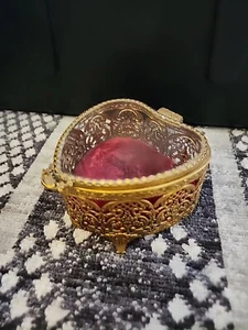 Vintage Beveled Glass Top Heart Shape Filigree Jewelry Gold Tone Trinket Box  - Picture 1 of 8