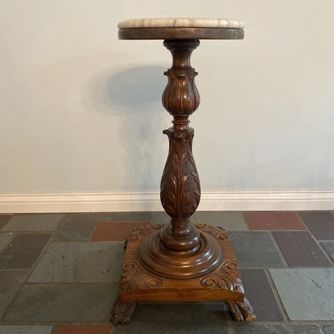 Louis Phillipe Style Carved Wooden Stand Beveled Marble Top Pad Feet Cover