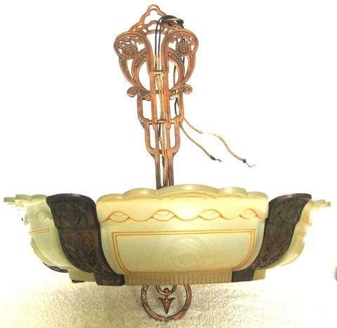Antique ART DECO Hanging 6 Light Slip Shade Vintage Chandelier ~ Works. Markel? Cover