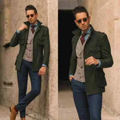 Blazer masculino exército verde espinha de peixe tweed colarinho vários bolsos jaqueta - Imagem 1 de 4