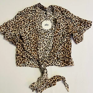 ALLY Leopard Print NEW Crop Top XS Short Sleeve Cropped Shirred Tie Boho NWT - Picture 1 of 4