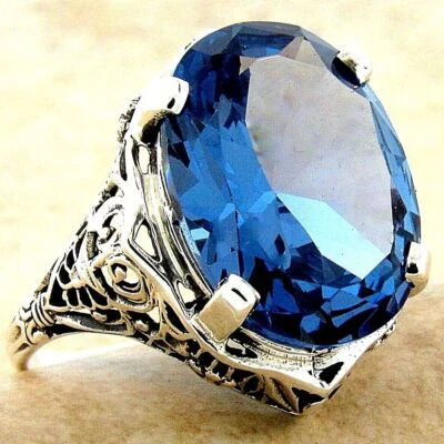 ANTIQUE STYLE 925 STERLING SILVER 10 CT SIMULATED LONDON BLUE TOPAZ RING    974Z - Image 1 of 4