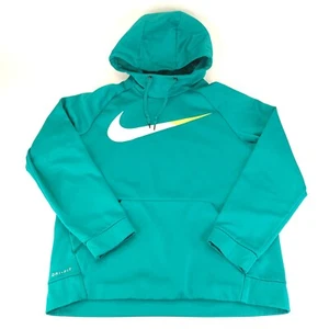 Nike Sweater Men Medium Teal Green Blue Large Check Logo Kangaroo Pocket Dri Fit - Picture 1 of 10