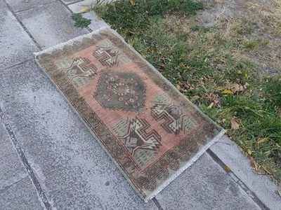 Small Turkish Oushak Rug 1.6x3.1 ft | Vintage Wool Mat | Faded Peach Sage - Image 1 of 4