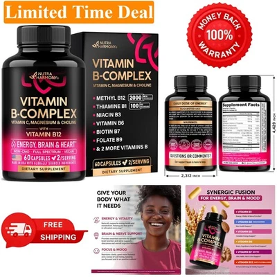 Complexo de vitamina B para homens e mulheres - Riboflavina B2, B12, B1, B3, B5, B6, B7, B8, - Imagem 1 de 4