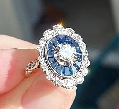 RARE Bague Ancienne art-déco Or 18 Carats Diamants Saphirs Calibrés  Estimation  - Photo 1/4