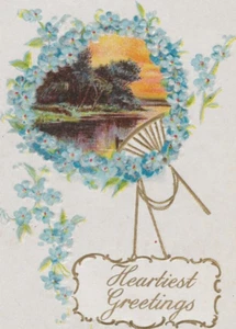 Vintage Heartiest Greetings Forget Me Not Flowers Gilt Postcard - Picture 1 of 5