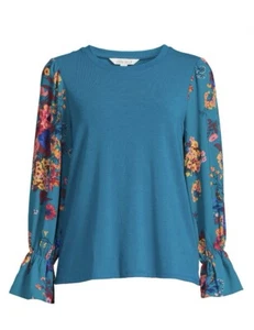 The Pioneer Woman Flounce Sleeve Blouse Teal Blue Size Large - Picture 1 of 7