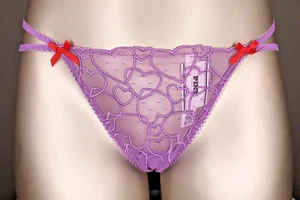 Victoria's Secret PINK NWT Large Purple Strappy V String Panty Mesh Wink Hearts - Picture 1 of 11