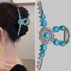 Artificial Turquoise Blue Stone Hair Claw Clip Metal Hair Clip for Thick Hair - Picture 1 of 10