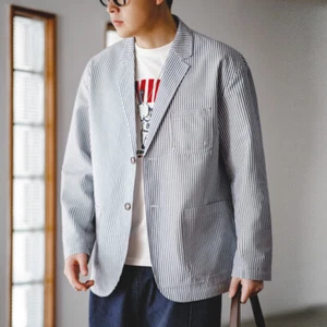 Mens Striped Retro American Style Notched Collar Suit Jacket Seersucker Outwears - Picture 1 of 17