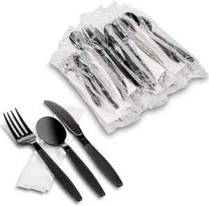Heavy Weight Black Plastic Cutlery Set with Napkin Individually Wrapped ... - Picture 1 of 5