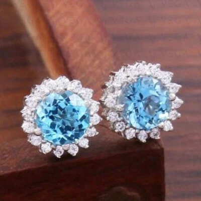 Pendiente de topacio natural y diamantes de corte redondo de 4,70 quilates enchapado en oro blanco de 18 k Foto 1 de 4