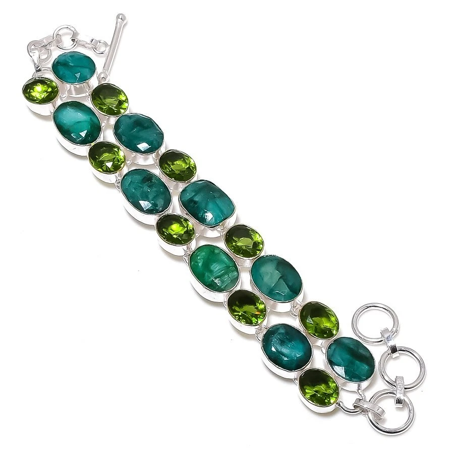 Green Onyx  & Peridot Gemstone Handmade 925 Sterling Silver Bracelet Size 7-8" - Image 1 of 1