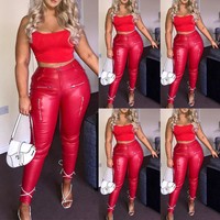 Womens Faux Leather Leggings High Waist Stretchy Pencil Pants Skinny Trouser US