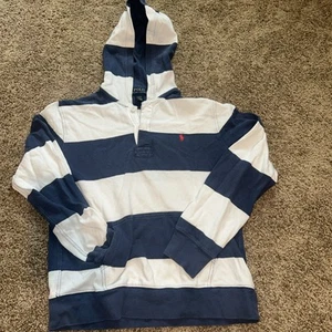 Polo Ralph Lauren Hooded Rugby Sweater Boys L 14-16 White Blue Stripe Travel - Picture 1 of 6