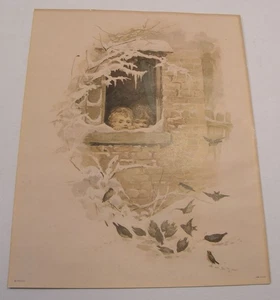 ANTIQUE c1910 COLOR LITHO PRINT CHILDREN FEEDING BIRDS IN THE SNOW WINTER 8X10 - Bild 1 von 16