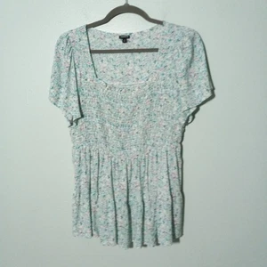 Torrid Babydoll Top Blouse size 2 / 2X, Floral Green Pink Cottagecore Ruffle EUC - Picture 1 of 10