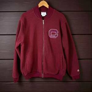 CHAMPION Men Full Zip Letterman Varsity Sherpa Bomber Jacket Burgundy Streetwear - Picture 1 of 13
