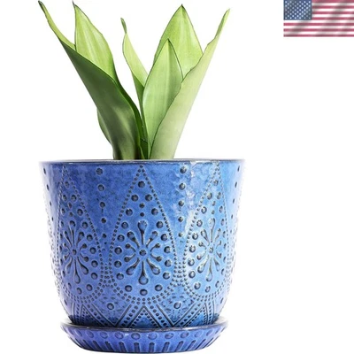 Maceta de cerámica bohemia de 10 pulgadas con drenaje para uso en interiores y exteriores Foto 1 de 2