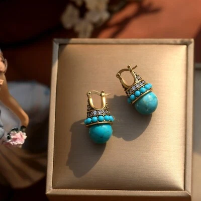 Ohrringe Schläfer Golden Fassung Aus Cz Perle Türkis Vintage Stil ET9 - Bild 1 von 4